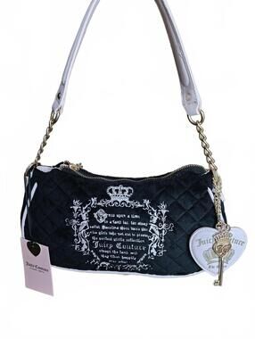 Juicy Couture Juicy Tale Black Velour Quilted Shoulder Bag Crown & Key Charm NWT